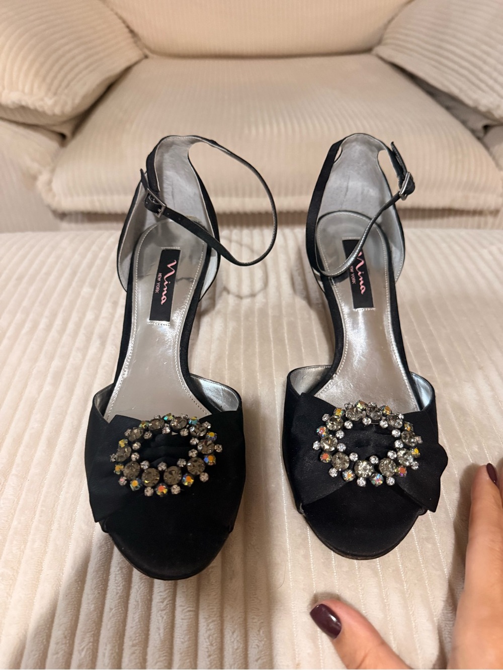 Nina Black Satin Jeweled Ankle-Strap Peep-Toe Heels, 9